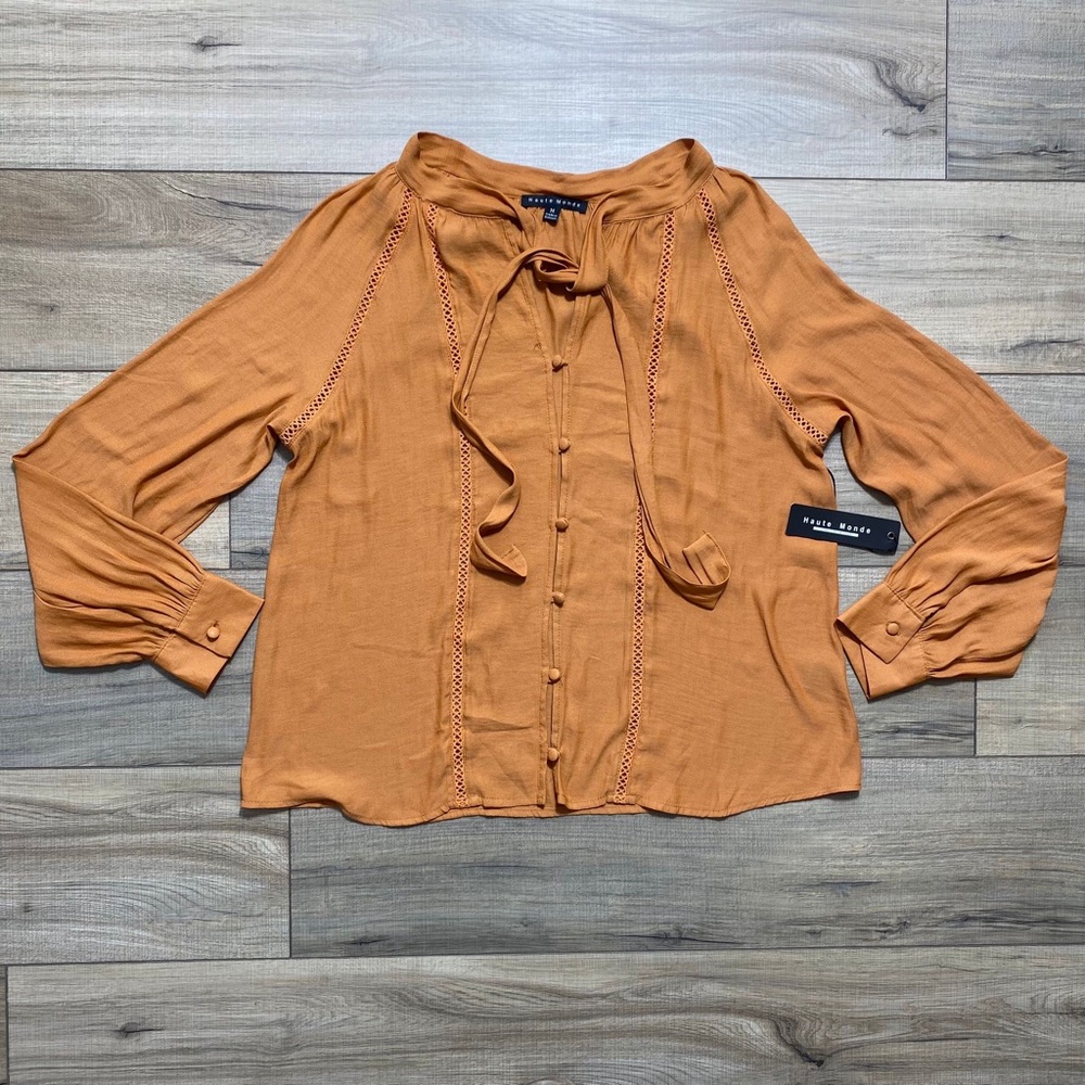 Haute Monde Women's Long Sleeve Button Up‎ Blouse With Neck Ties M Burnt Caramel